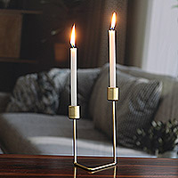 Iron candle holder, 'Golden Spark' - Gold Powder Coated Iron Candle Holder Handcrafted in India