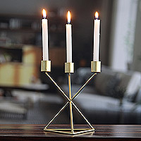 Iron candle holder, 'Golden Warmth' - Gold Powder Coated Iron Candle Holder from India