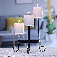 Iron candle holder, 'Medieval Decor' - Black Powder Coated Wrought Iron Candle Holder from India