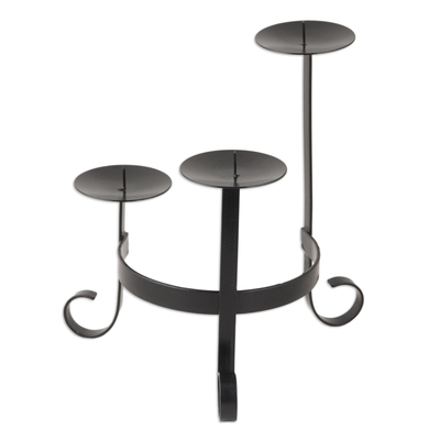 Iron candle holder, 'Medieval Decor' - Black Powder Coated Wrought Iron Candle Holder from India