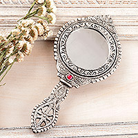Aluminum hand mirror, 'Artistic Reflection' - Artisan Crafted Indian Floral Themed Aluminum Hand Mirror