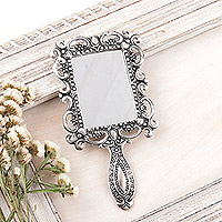 Aluminum hand mirror, 'Floral Splendor' - Aluminum Hand Mirror from India with Floral and Vine Motifs