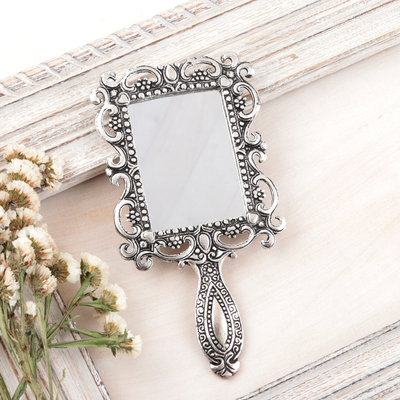 espejo de mano de aluminio - Espejo de mano de aluminio de la India con motivos florales y de vid