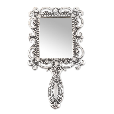 Aluminum Hand Mirror from India with Floral and Vine Motifs