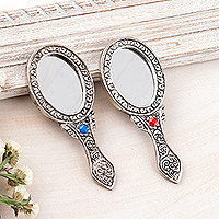 Aluminum hand mirrors, 'Double Elegance' (pair) - Pair of Antiqued Aluminum Hand Mirrors with Beads from India