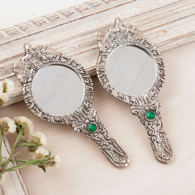 Aluminum hand mirrors, 'Leafy Paradise' (pair) - Pair of Antiqued Aluminum Hand Mirrors with Beads from India
