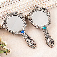 Aluminum hand mirrors, 'Princess of Delhi' (pair) - Pair of Antiqued Aluminum Hand Mirrors with Beads from India