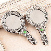 Aluminum hand mirrors, 'Scallop Beauty' (pair) - Pair of Antiqued Aluminum Hand Mirrors with Beads from India