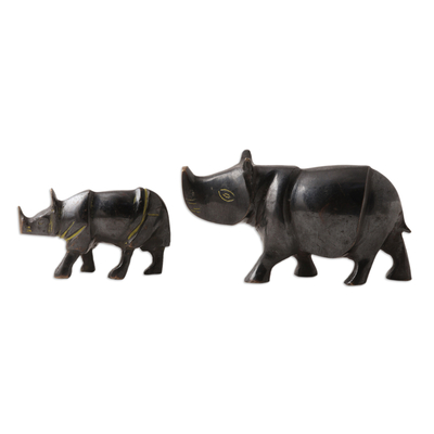 Figuras de latón, (par) - Figuras de latón de madre y cachorro de rinoceronte fabricados en la India