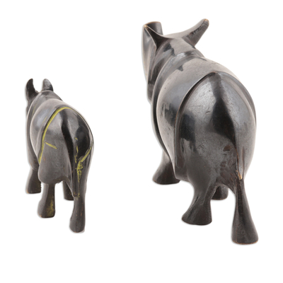 Brass figurines, 'Rhino Glory' (pair) - Rhino Mother and Cub Brass Figurines Crafted in India