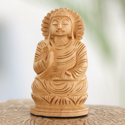 Wood sculpture, 'Mindful Buddha' - Indian Buddha Theme Sculpture Hand Carved from Kadam Wood