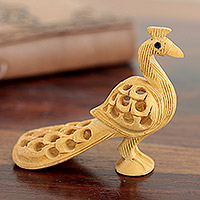 Wood sculpture, 'Opulent Peacock Mini' - Hand Carved Natural Kadam Wood Sculpture from India