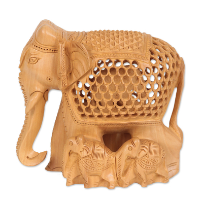 Wood sculpture, 'Matriarch Elephant' - Artisan Crafted Elephant and Calf Wood Sculpture from India