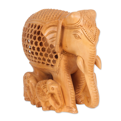 Escultura en madera - Escultura artesanal de madera de elefante y becerro de la India