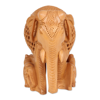 Escultura en madera - Escultura artesanal de madera de elefante y becerro de la India