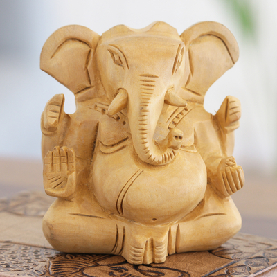 Wood sculpture, 'Mindful Ganesha' - Indian Hindu Elephant Theme Sculpture Carved in Kadam Wood