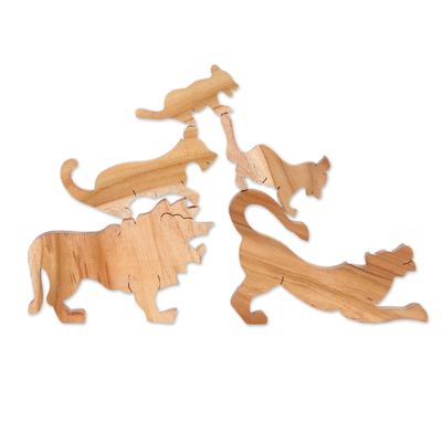 Teak wood puzzle, 'Feline Time' (5 pieces) - Animal Themed Teak Wood Puzzle from India (5 Pieces)