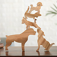 Teak wood puzzle, 'Tower of Dogs' - Hand Carved Teak Wood Five-Piece Puzzle from India