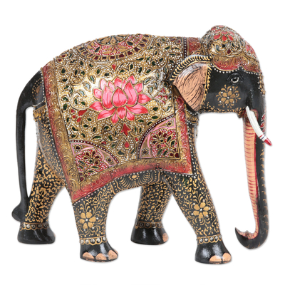 Wood sculpture, 'Mughal Glamour' - Artisan Crafted Elephant and Calf Wood Sculpture from India