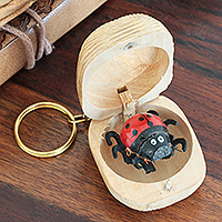 Wood keychain, 'Ladybug Surprise' - Handmade Wooden Keychain Ring Box with Hinged Lid from India