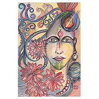 'Mystical Krishna' - Pintura de acuarela de temática hindú firmada
