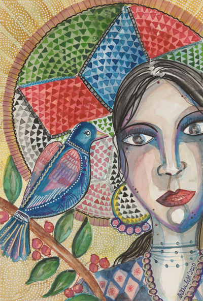 'Blue Bird of Happiness' - Original Watercolour Portrait with Bird