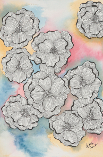 'Tanz des Lebens' - Blumenaquarellmalerei auf Papier