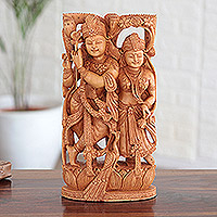 Escultura de madera, 'Devoción eterna' - Escultura de madera Kadam hecha a mano