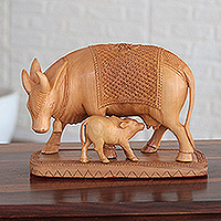 Wood sculpture, 'Ties That Bind' - Indian Kadam Wood Sculpture with Cow Motif