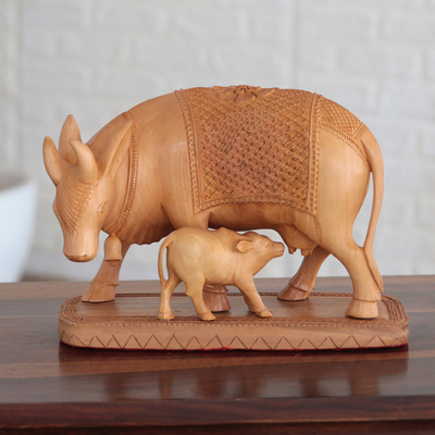 Wood sculpture, 'Ties That Bind' - Indian Kadam Wood Sculpture with Cow Motif