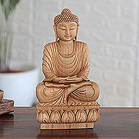 Wood sculpture, 'With Peace' - Indian Kadam Wood Sculpture with Buddha Motif