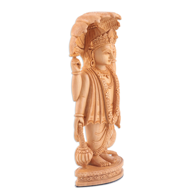 Wood sculpture, 'Supreme Vishnu' - Handmade Kadam Wood Vishnu Sculpture