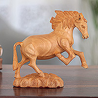 Wood sculpture, 'Wild Ride' - Indian Kadam Wood Sculpture with Horse Motif