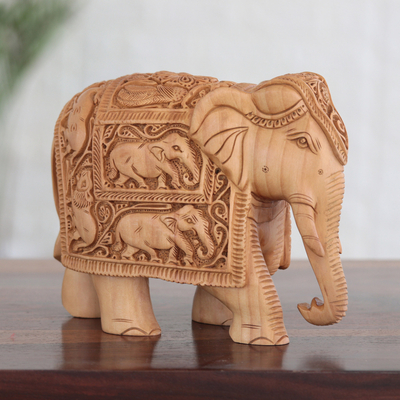 Escultura de madera - Escultura india de madera Kadam con motivo de elefante