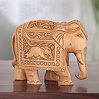 Wood sculpture, 'Indian Grandeur' - Handcrafted Kadam Wood Elephant Sculpture