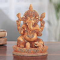 Wood sculpture, 'Blessing of Peace' - Hand Crafted Kadam Wood Ganesha Sculpture
