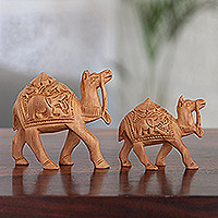Wood sculptures, 'Camel Caravan' (pair) - Handcrafted Wood Statuettes (Pair)