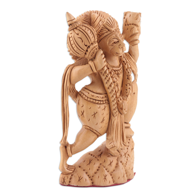 Escultura de madera, 'Chiranjivi Hanuman' - Escultura de temática hindú tallada a mano