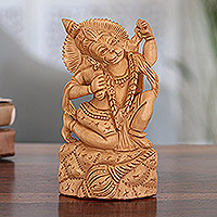 Escultura de madera, 'Bhakti de Hanuman' - Estatuilla de madera de temática hindú
