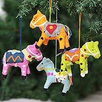 Wool felt ornaments, 'Spring Ponies' (set of 4) - Set of 4 colourful Embroidered Wool Felt Pony Ornaments
