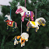 Wool felt ornaments, 'Winter Ponies' (set of 4) - Set of 4 Embroidered Wool Felt Pony Ornaments with Fur