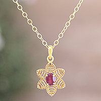 Gold plated ruby pendant necklace, 'Flower of Delhi' - Gold Plated Flower Necklace with a Red Ruby