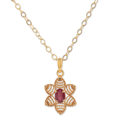 Gold Plated Flower Necklace with a Red Ruby