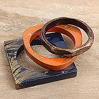 Mango wood bangle bracelets, 'Stylish Geometry' (set of 3) - Set of 3 Mango Wood Bangle Bracelets in Vibrant Tones