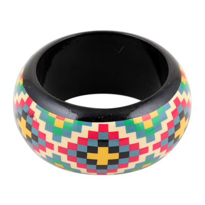 Wood bangle bracelet, 'Checkered Stars' - Haldu Wood Bangle Bracelet with colourful Printed Pattern