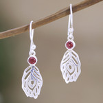 Garnet dangle earrings, 'Feather Touch' - Garnet and Sterling Silver Dangle Earrings Crafted in India