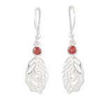 Garnet dangle earrings, 'Feather Touch' - Garnet and Sterling Silver Dangle Earrings Crafted in India