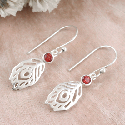 Garnet dangle earrings, 'Feather Touch' - Garnet and Sterling Silver Dangle Earrings Crafted in India