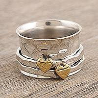 Multi-metal meditation spinner ring, 'Twin Hearts' - Sterling Silver and Brass Meditation Spinner Ring from India