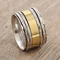 Multi-metal meditation spinner ring, 'Spinning Allure' - Sterling Silver and Brass Meditation Spinner Ring from India